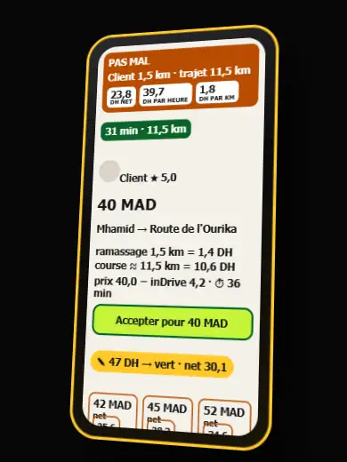 Fiche inDrive inventée : PRENDS, net, et Mhamid vers Route de l'Ourika.